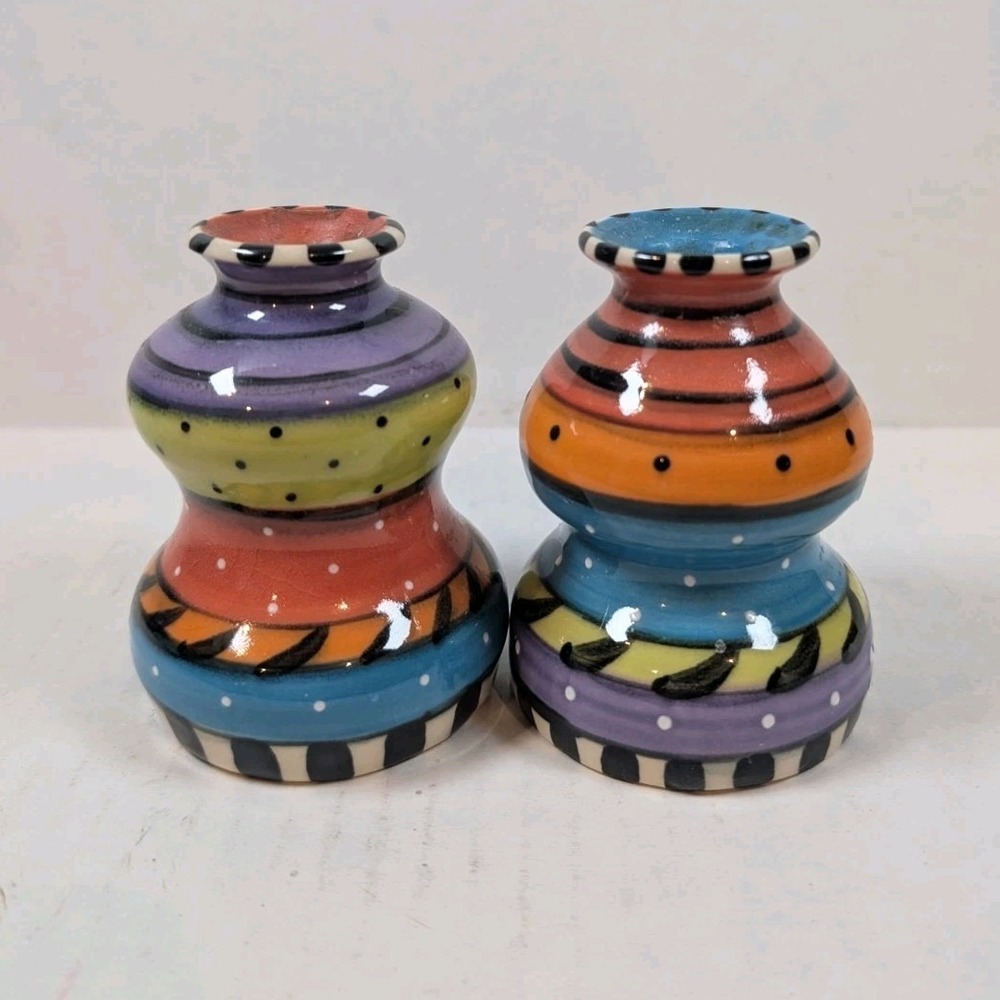 KMM Art Pottery Pair Taper Candlestick Holders Colorful Painted Signed Whimsical